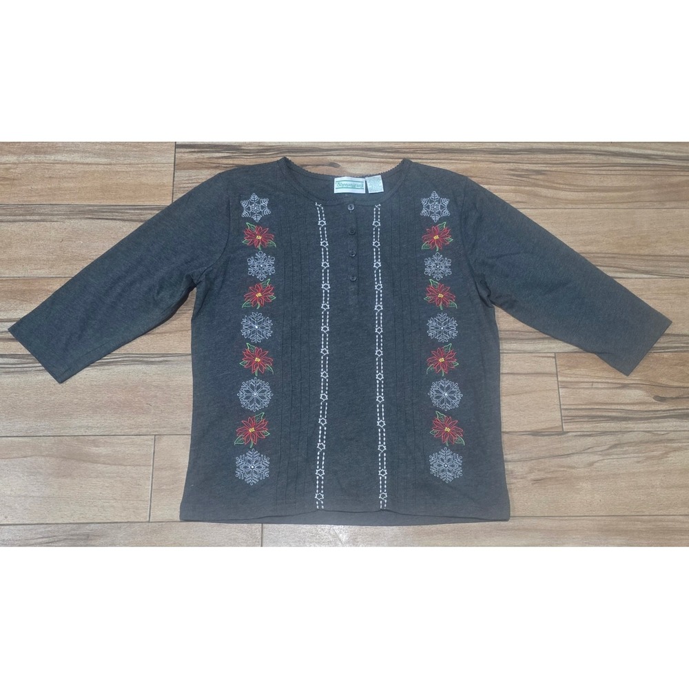 Shenanigans Womens Gray Poinsettia Snowflake Embroidered‎ Long Sleeve Top Size M